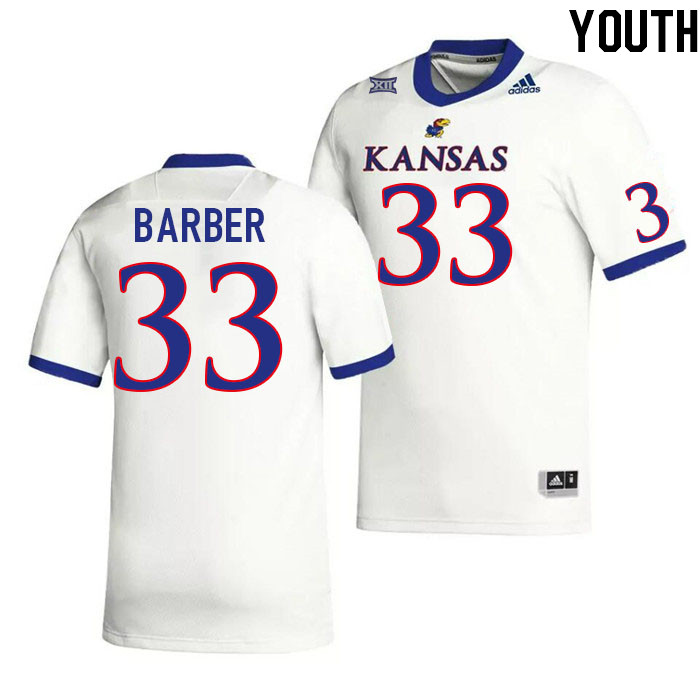 Youth #33 Noah Barber Kansas Jayhawks College Football Jerseys Stitched Sale-White - Click Image to Close